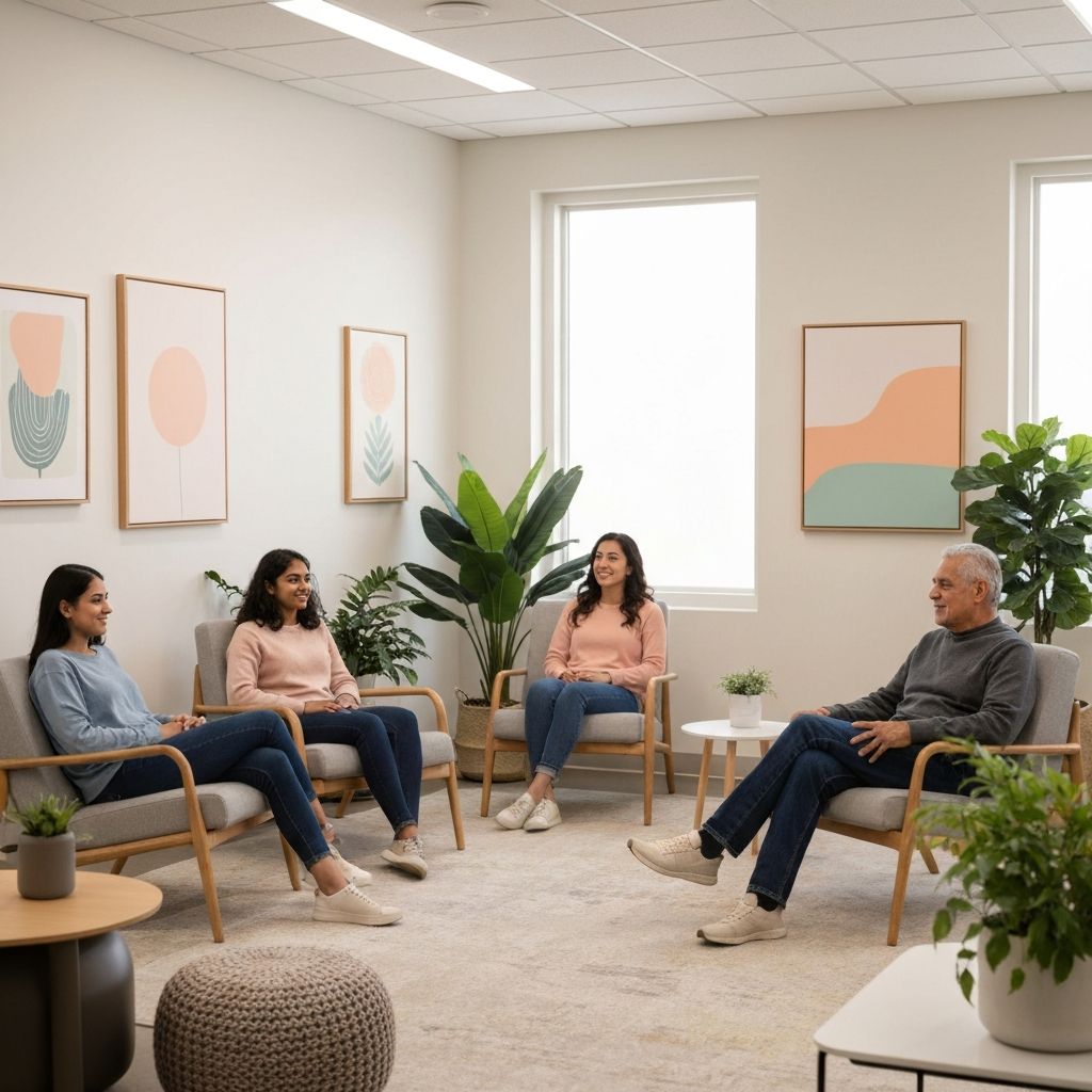 Modern wellness center with group therapy session in progress