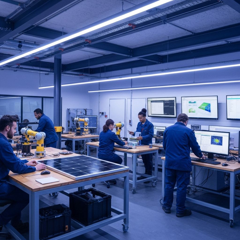 Futuristic vocational training workshop with diverse trainees working on advanced technology